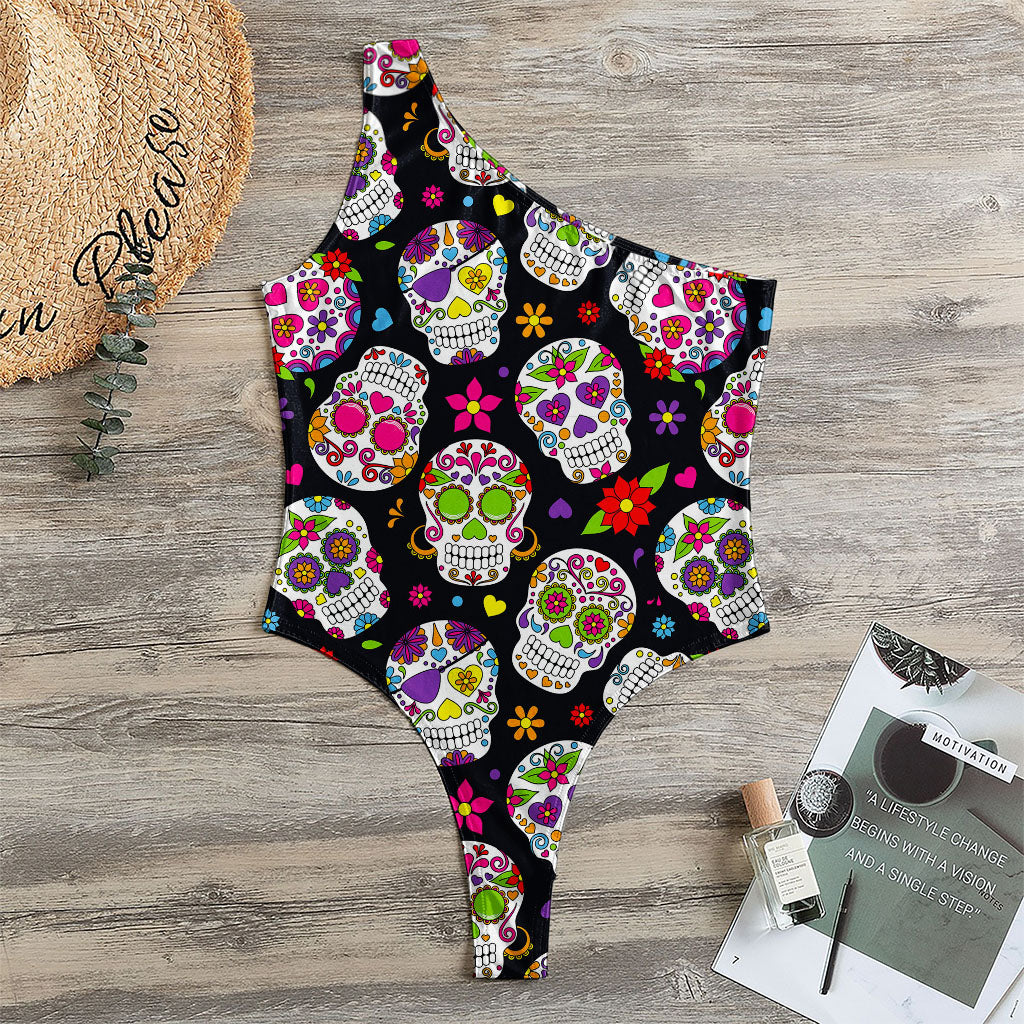 Sugar Skull Pattern Print One Shoulder Bodysuit