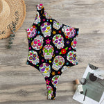 Sugar Skull Pattern Print One Shoulder Bodysuit