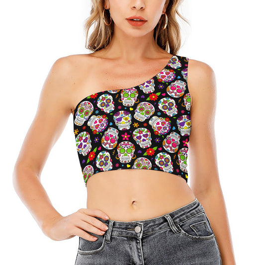 Sugar Skull Pattern Print One Shoulder Crop Top