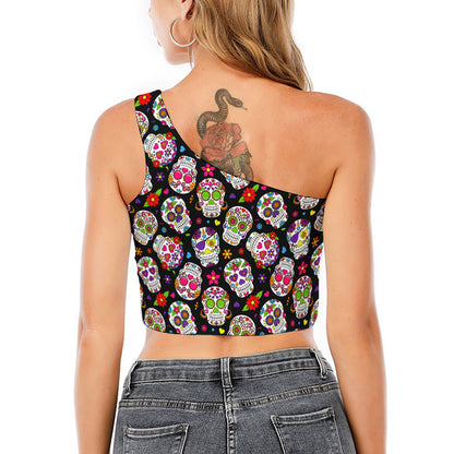 Sugar Skull Pattern Print One Shoulder Crop Top