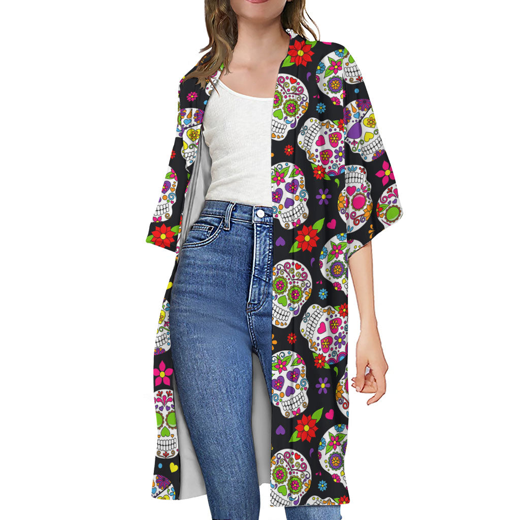 Sugar Skull Pattern Print Open Front Beach Cover Up
