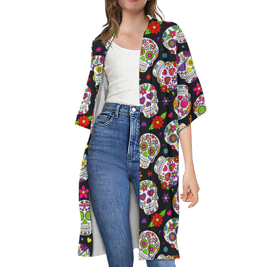 Sugar Skull Pattern Print Open Front Beach Cover Up