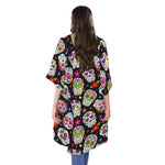 Sugar Skull Pattern Print Open Front Beach Cover Up