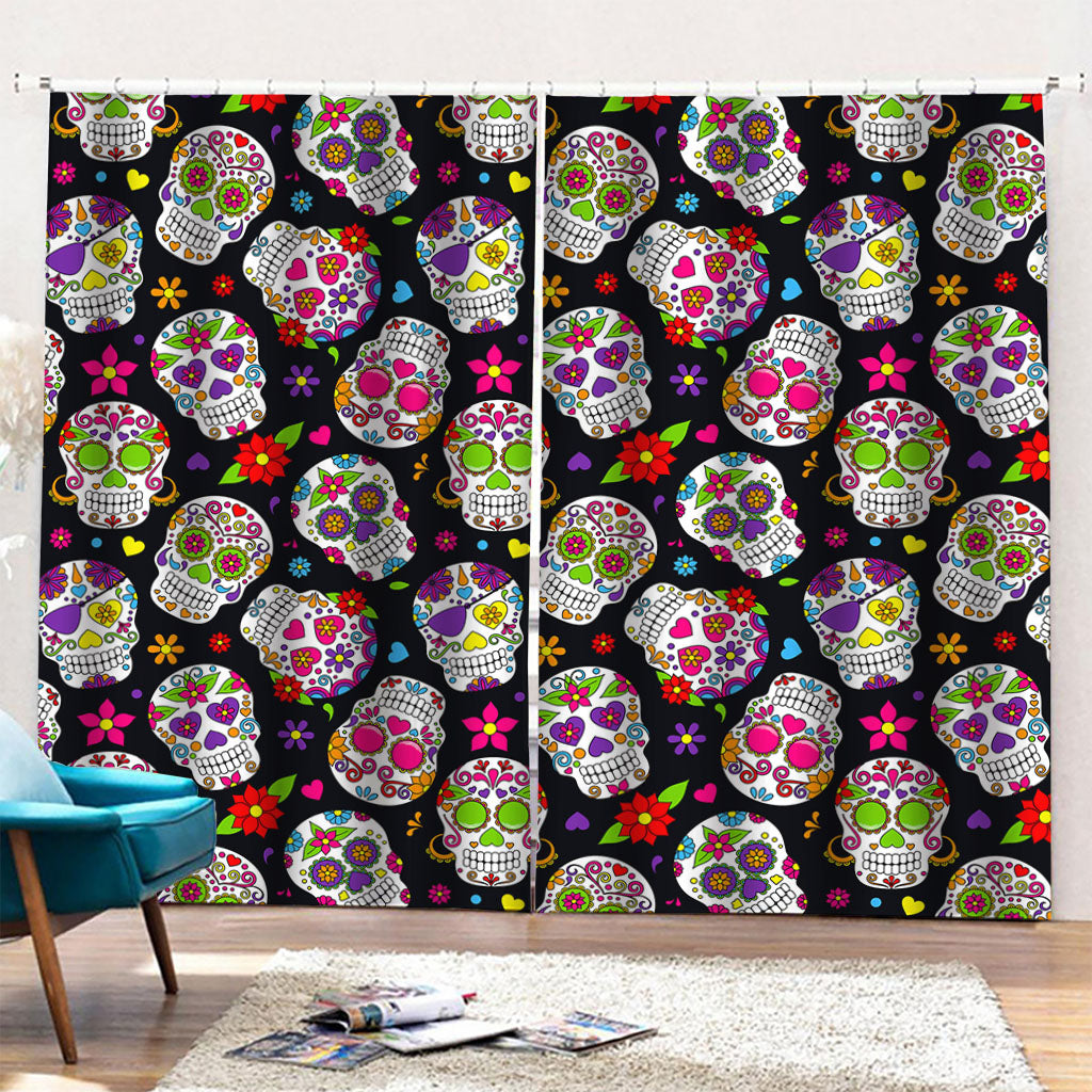 Sugar Skull Pattern Print Pencil Pleat Curtains