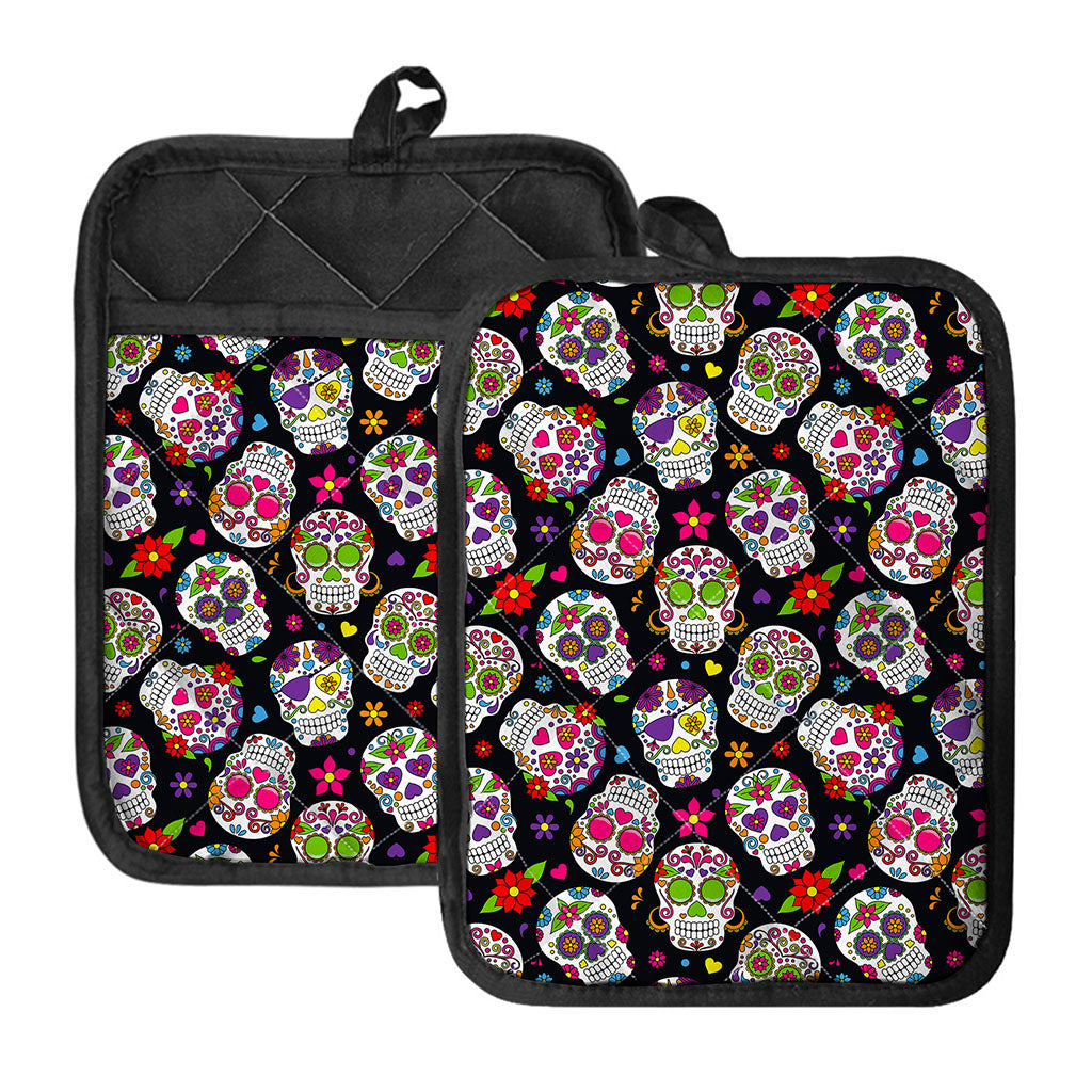 Sugar Skull Pattern Print Pot Holders With Pocket