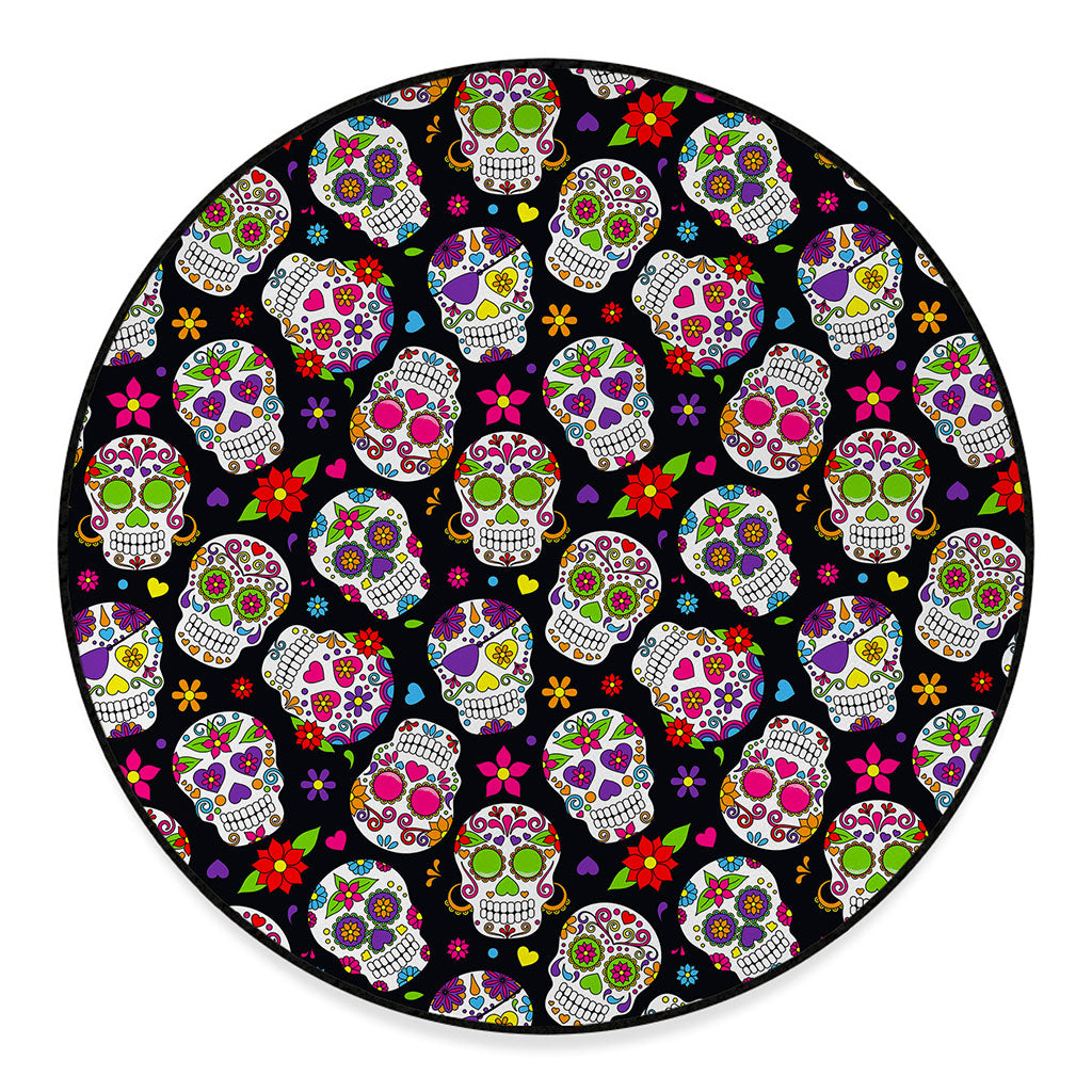 Sugar Skull Pattern Print Round Floor Mat