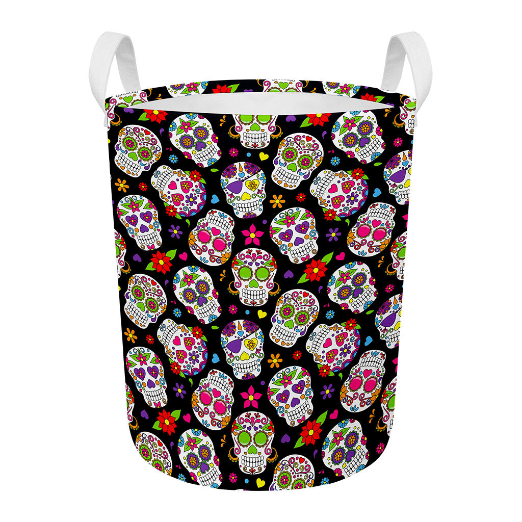 Sugar Skull Pattern Print Round Laundry Basket