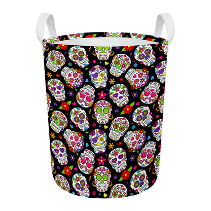 Sugar Skull Pattern Print Round Laundry Basket