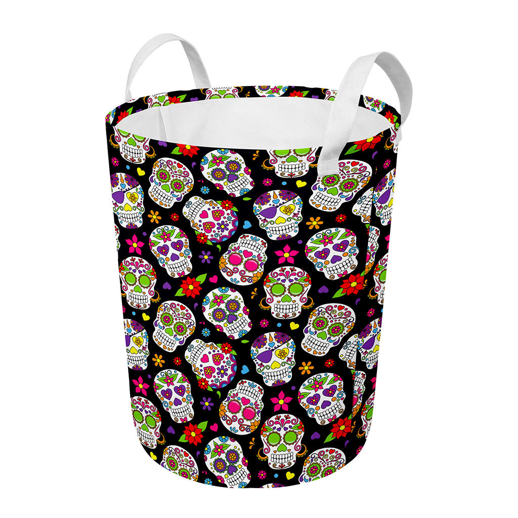 Sugar Skull Pattern Print Round Laundry Basket