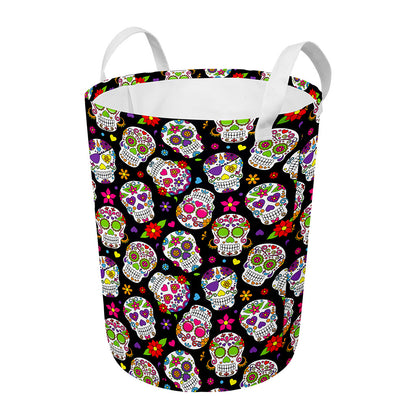 Sugar Skull Pattern Print Round Laundry Basket