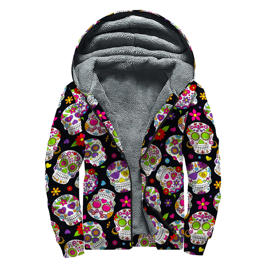 Sugar Skull Pattern Print Sherpa Lined Zip Up Hoodie