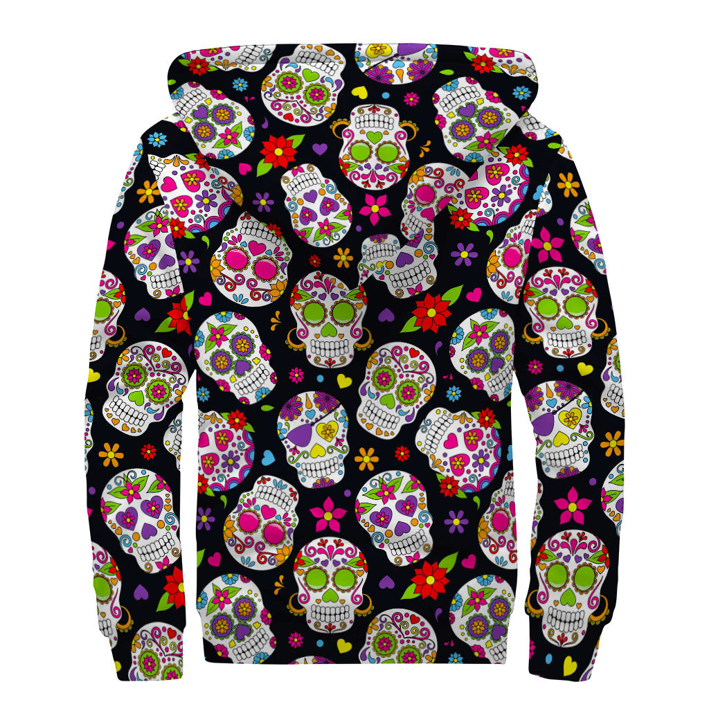 Sugar Skull Pattern Print Sherpa Lined Zip Up Hoodie