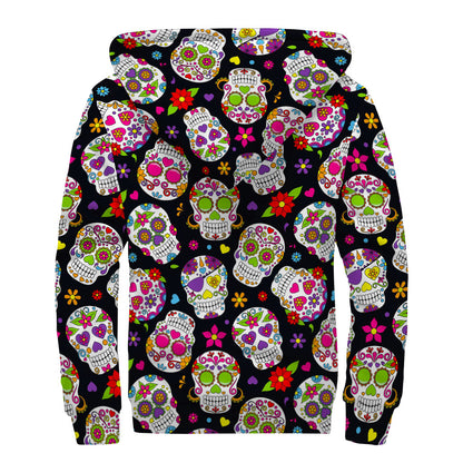 Sugar Skull Pattern Print Sherpa Lined Zip Up Hoodie