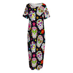 Sugar Skull Pattern Print Short Sleeve Long Nightdress