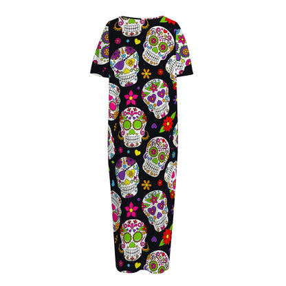Sugar Skull Pattern Print Short Sleeve Long Nightdress