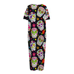 Sugar Skull Pattern Print Short Sleeve Long Nightdress
