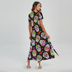 Sugar Skull Pattern Print Short Sleeve Maxi Dress