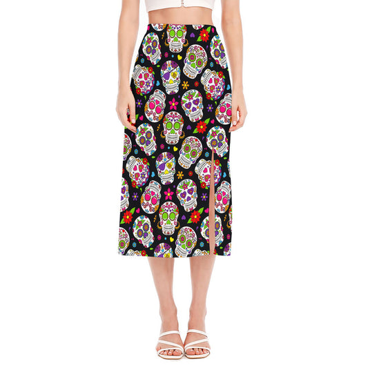 Sugar Skull Pattern Print Side Slit Midi Skirt