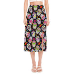 Sugar Skull Pattern Print Side Slit Midi Skirt