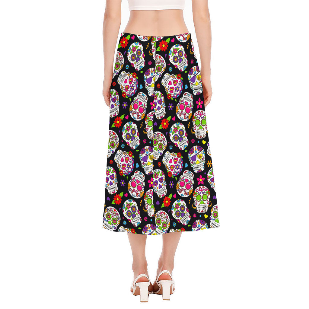 Sugar Skull Pattern Print Side Slit Midi Skirt