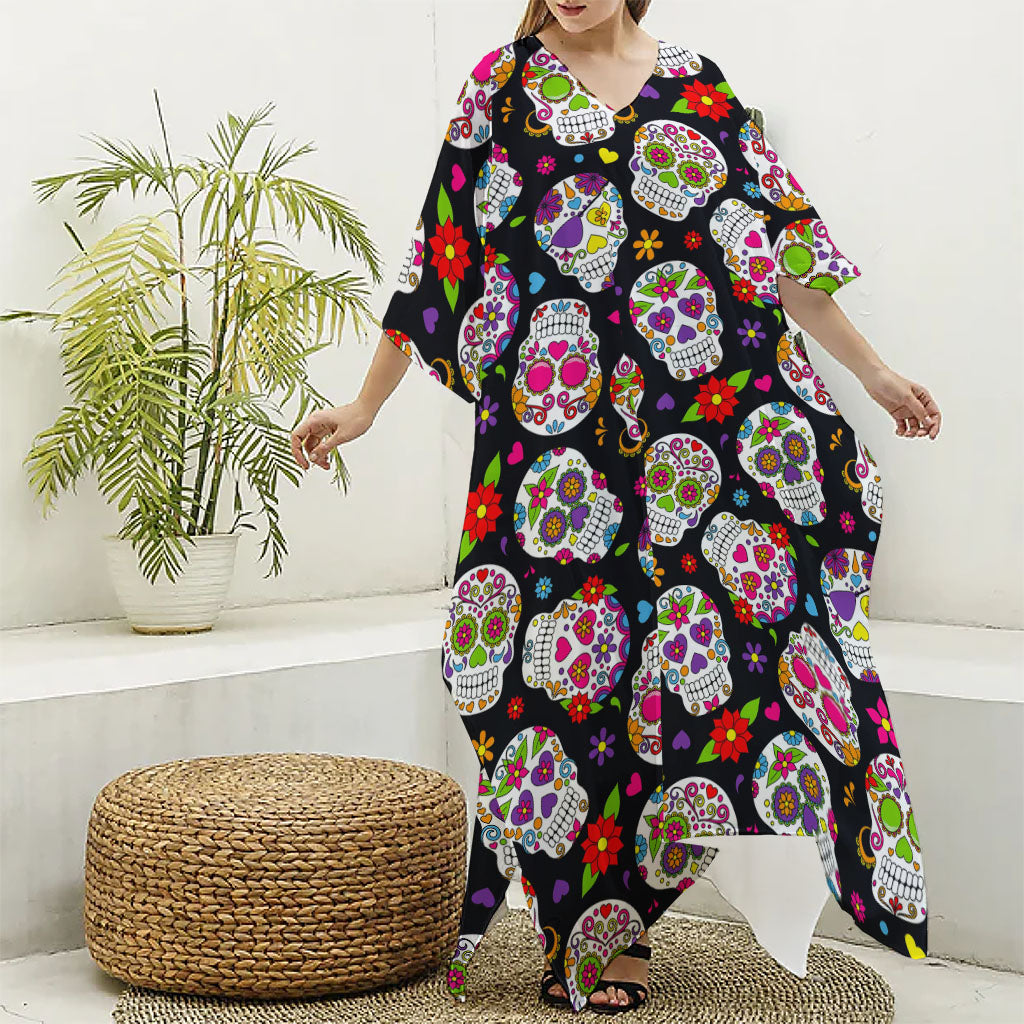 Sugar Skull Pattern Print Silk V-Neck Kaftan Dress