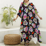 Sugar Skull Pattern Print Silk V-Neck Kaftan Dress