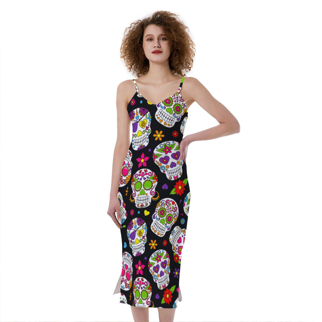Sugar Skull Pattern Print Slim Fit Midi Cami Dress