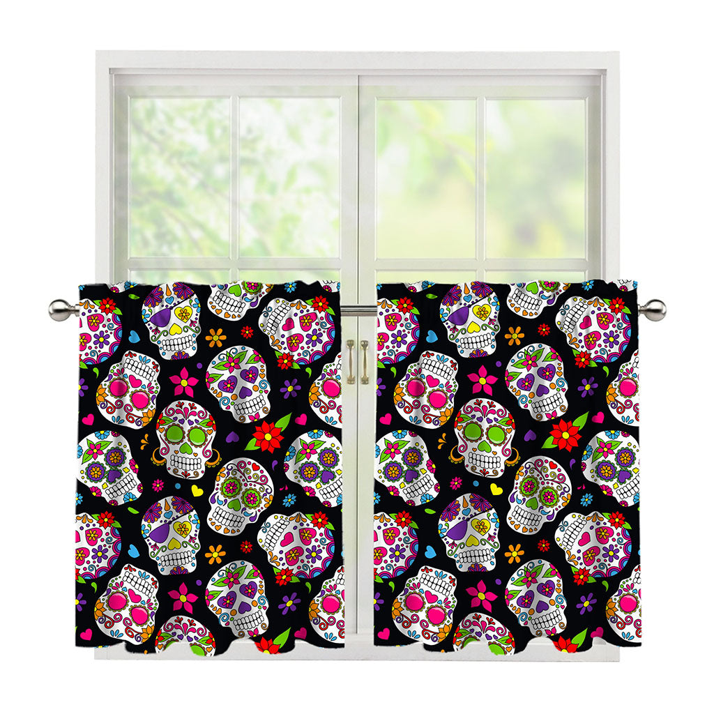 Sugar Skull Pattern Print Tier Curtains