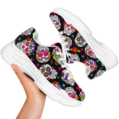 Sugar Skull Pattern Print White Chunky Shoes