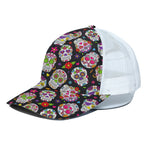 Sugar Skull Pattern Print White Mesh Trucker Cap