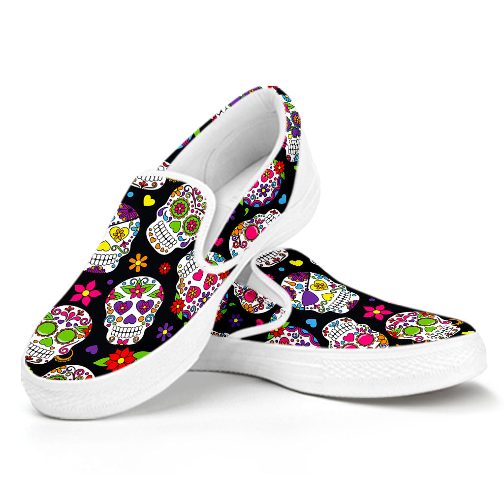 Sugar Skull Pattern Print White Slip On Sneakers