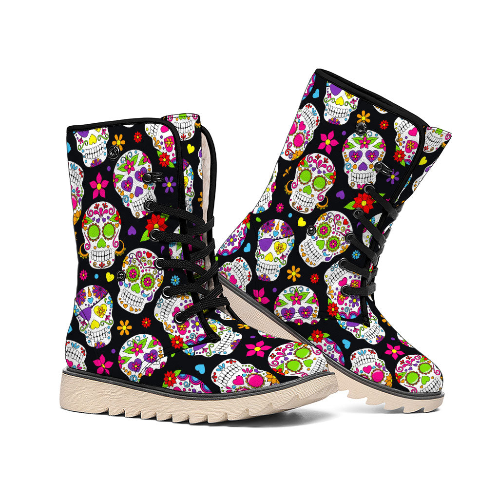 Sugar Skull Pattern Print Winter Boots