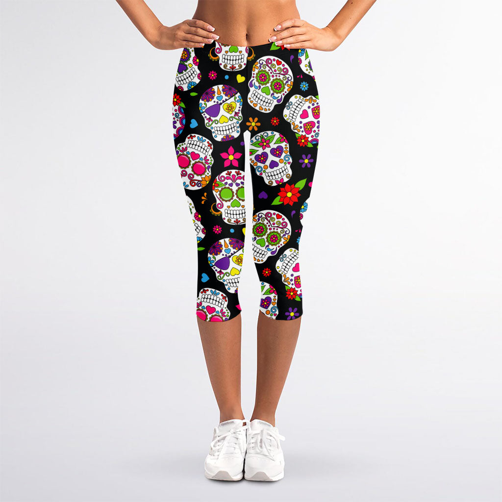 Sugar Skull Pattern Print Women's Capri Leggings