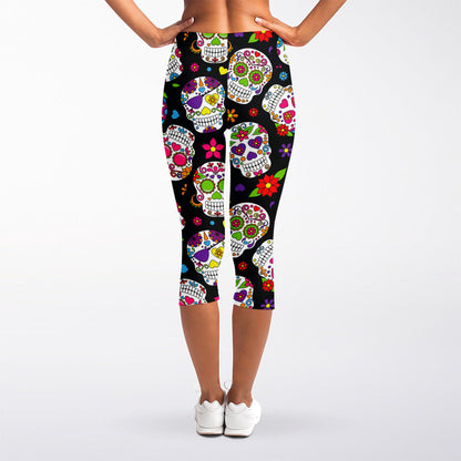Sugar Skull Pattern Print Women's Capri Leggings