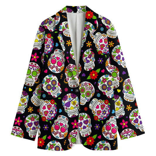 Sugar Skull Pattern Print Women's Cotton Blazer