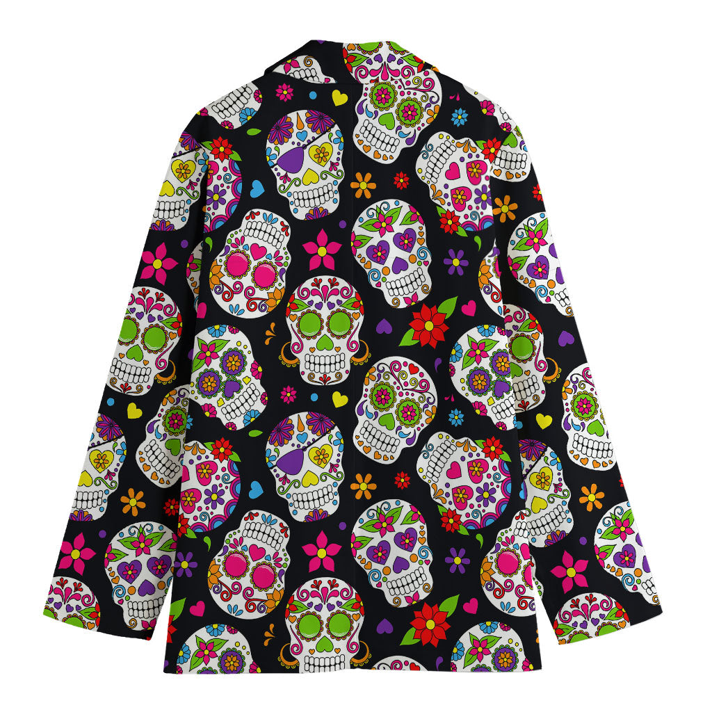 Sugar Skull Pattern Print Women's Cotton Blazer