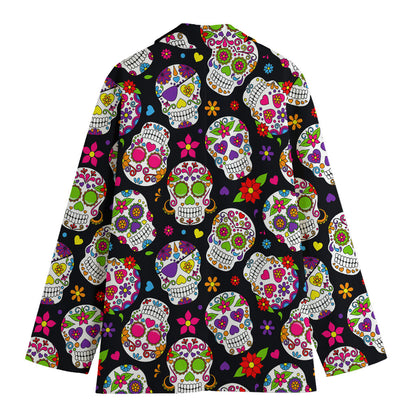 Sugar Skull Pattern Print Women's Cotton Blazer