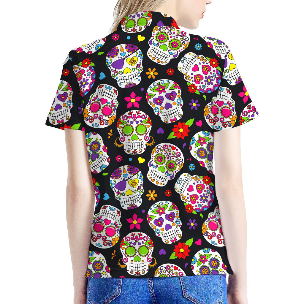 Sugar Skull Pattern Print Women's Polo Shirt
