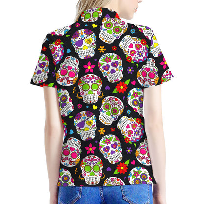 Sugar Skull Pattern Print Women's Polo Shirt