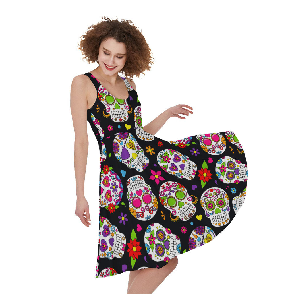 Sugar Skull Pattern Print Women's Sleeveless Dress