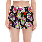 Sugar Skull Pattern Print Women's Split Running Shorts