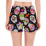 Sugar Skull Pattern Print Women's Split Running Shorts