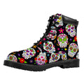 Sugar Skull Pattern Print Padded Collar Lace Up Boots