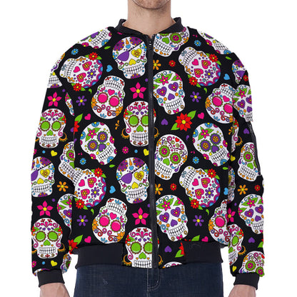 Sugar Skull Pattern Print Zip Sleeve Bomber Jacket