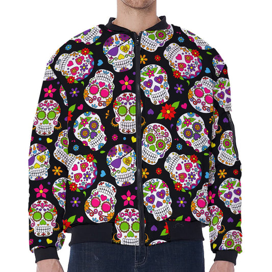 Sugar Skull Pattern Print Zip Sleeve Bomber Jacket