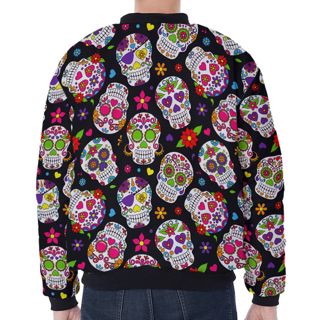 Sugar Skull Pattern Print Zip Sleeve Bomber Jacket