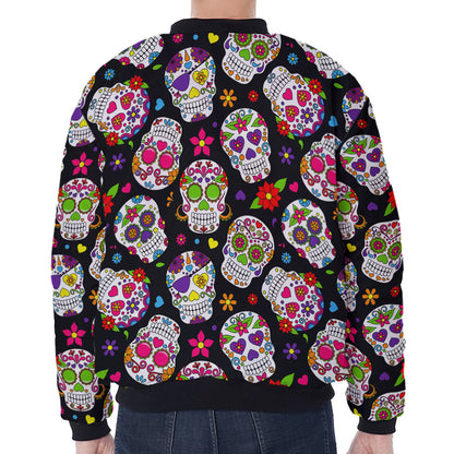 Sugar Skull Pattern Print Zip Sleeve Bomber Jacket