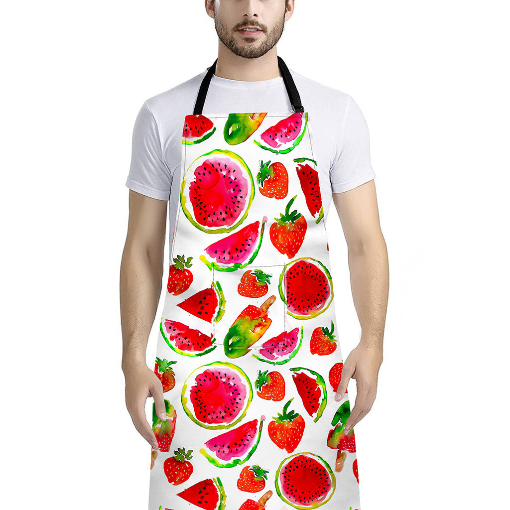 Summer Fruits Watermelon Pattern Print Bib Apron With Pocket