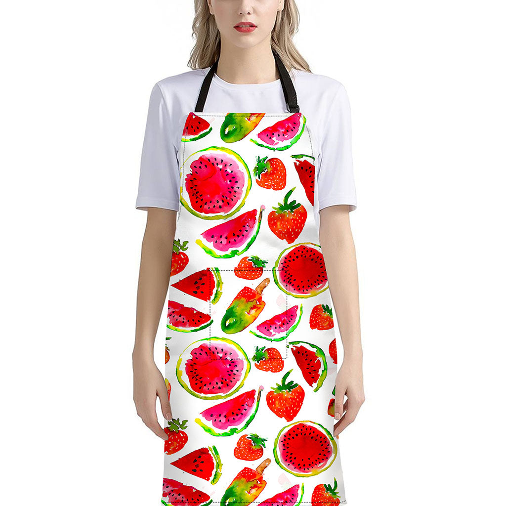 Summer Fruits Watermelon Pattern Print Bib Apron With Pocket