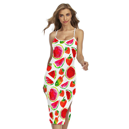Summer Fruits Watermelon Pattern Print Cross Back Cami Dress